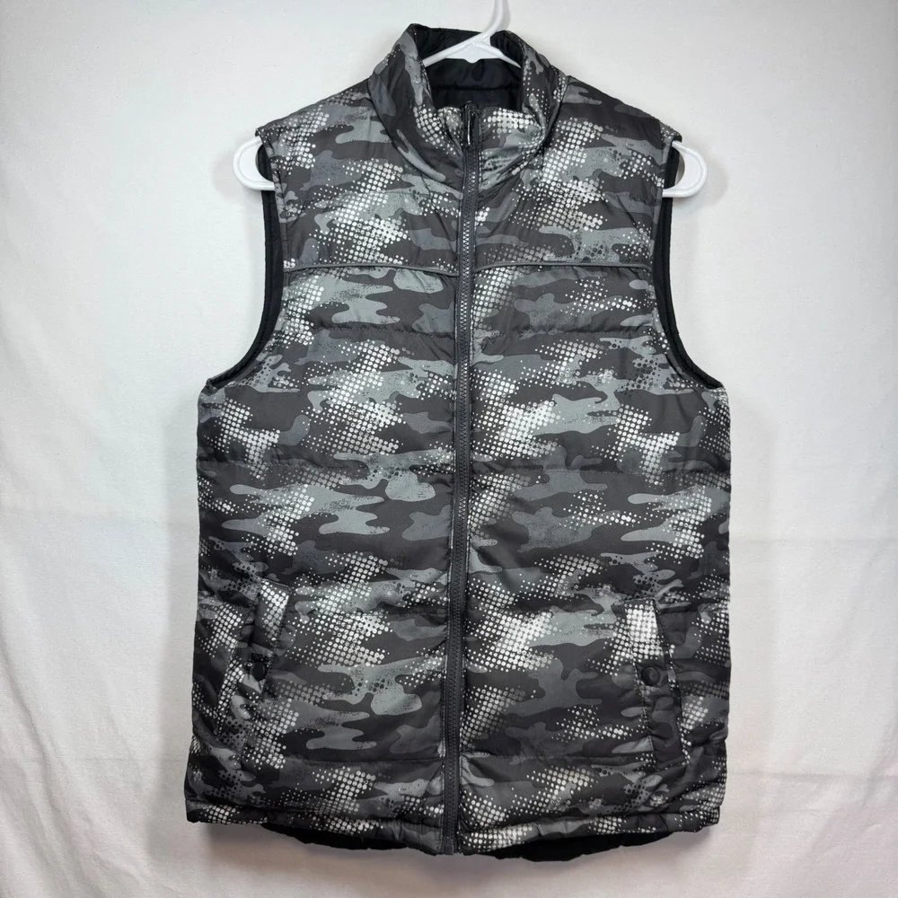 Cherokee Women's Puffer Vest‎ Reversible Black Gray Camo Sz Large 12/14